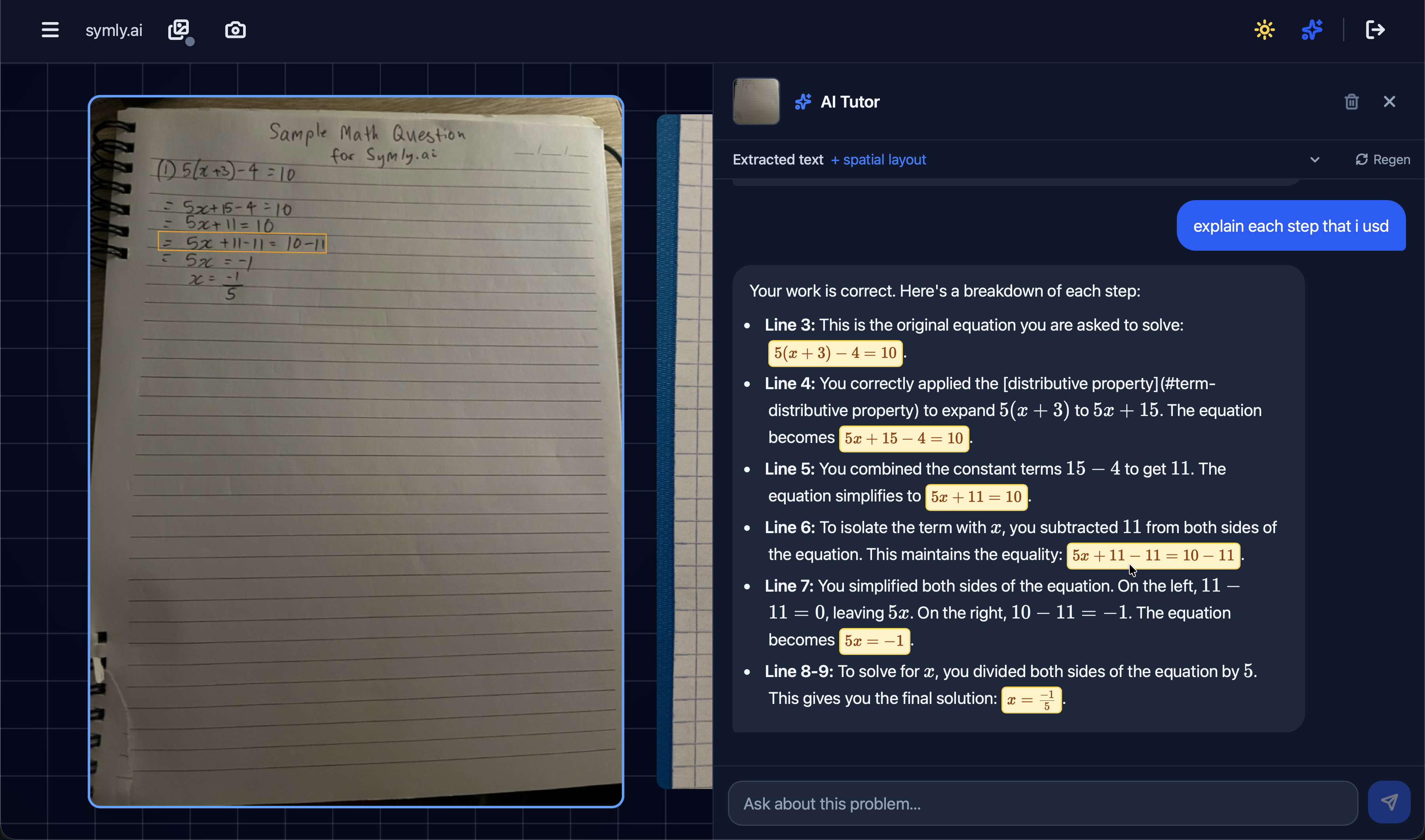 Symly.ai — AI tutor reviewing handwritten algebra with spatial highlights